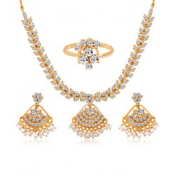 Sukkhi Cluster Gold Plated Plated AD Necklace Earring and Ring Combo