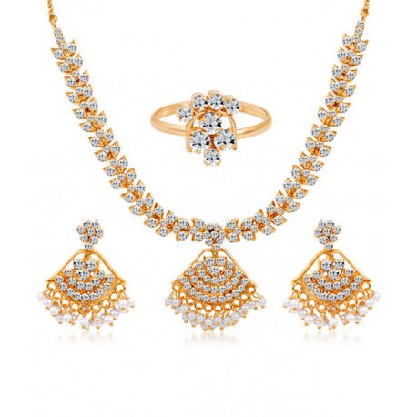 Sukkhi Cluster Gold Plated Plated AD Necklace Earring and Ring Combo