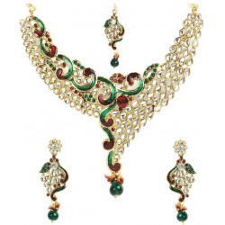 Shinning Diva Wavy Enamelled Kundan Necklace Set With Maang-Tika